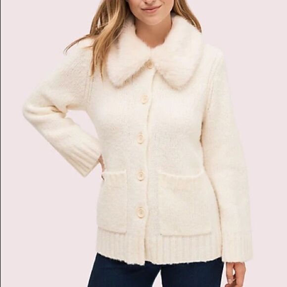 Kate Spade White Soft Chunky Cardigan Sweater Coat with Faux Fur Collar NWT - Picture 1 of 16